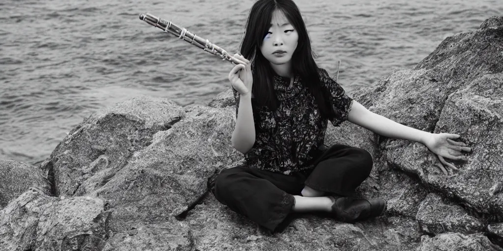 Prompt: Photo of a Korean girl playing a flute with her nose. Sitting on a rocky shore on a cloudy day. In the style of Annie Leibovitz