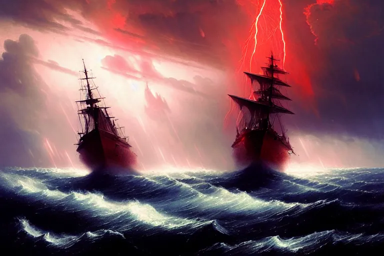 Image similar to A beautiful matte painting of huge alien spaceship attacking with powerful red lasers a Sailship in ocean in thunderstorm by Greg Rutkowski and Ivan aivazovsky