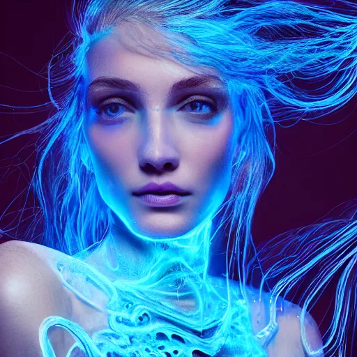 Image similar to bioluminescent long exposure light painting of a beauteous biomechanical practical sumptuous full frame photo realistic face, lifelike incredible hair, crystalline masterpiece incrustations, hyperdetailed face, elegant pose, movie still, intricate, octane render, cinematic forest lighting,