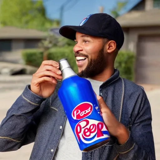 Prompt: the kool aid guy drinking a can of Pepsi