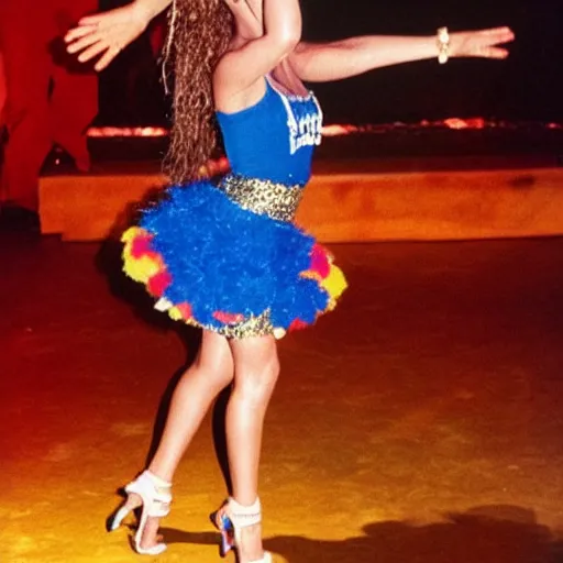 Image similar to Shakira dancing the cookie monster dance, in a nightclub, 1990 photograph