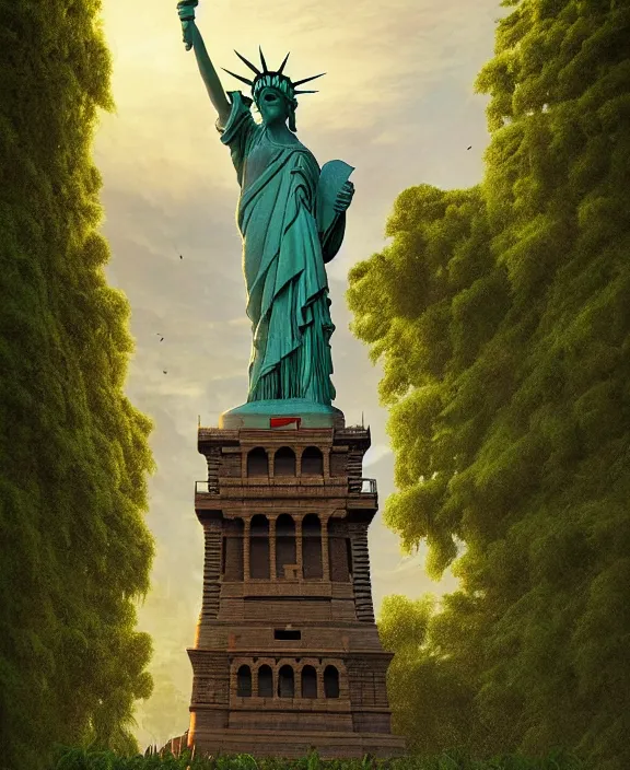 Image similar to highly detailed digital matte painting of a Lady Liberty statue with a few vines and nature with overgrowth Full shot. By Raphael LaCoste and Ruan Jia and Robert McCall, postcyberpunk, geodesic dome, hyperdetailed, sunrise, wide shot, autochrome, octane render