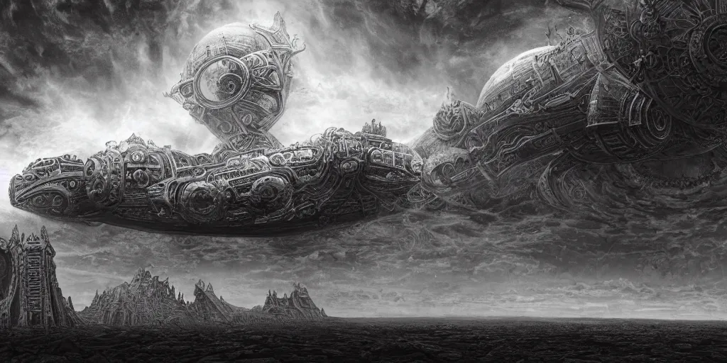 Prompt: a large ominous and geometric very ornate and detailed spaceship, lots of shapes intertwined very large and long floating over a barren dry land with an epic cloud formation on the background by HR GIger, Dariusz Zawadzki, Zdzisław Beksiński, gustave doré, zhuoxin ye, very detailed, octane render, 8k, scary and brooding, scary and dark, canon 24mm lens