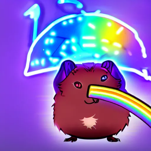 Prompt: cyberpunk hamster! holding rainbow! gem! crystal, neon lights, light reflection, logo, 8 k, hd