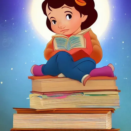 Prompt: a little girl with short wavy brown hair sits on top of a pile of books reading a book in a still from a disney movie. beautiful disney cartoon character art, high quality, detailed face