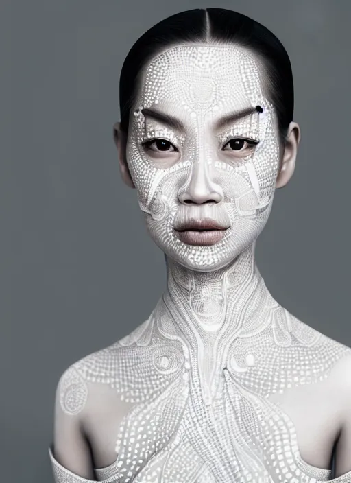 Prompt: a happy nubile thai woman with reflections in her eyes and slicked hair, painted with intricate white paint pattern, asymmetrical, clear skin, futuristic, elegant, graceful, fashionable, cinematic, hyperdetailed illustration by irakli nadar and alexandre ferra, depth of field, global illumination,