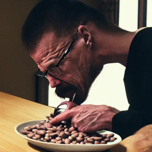 Image similar to walter white eating black beans, photography,