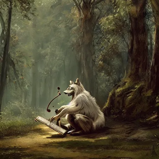 Prompt: an anthropomorphic wolf in a forest by the river, playing lute, by stanley lau and greg rutkowski