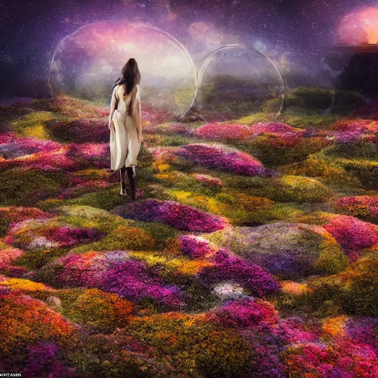 Image similar to a planet of various flowers, fungus and plants, in which the singular human figure is dressed in something magical and impressive, inside the picture is infinity, sunset light, Atmospheric phenomenon, artistic photography, muted colors, conceptual, long exposure outside the city, volumetric light