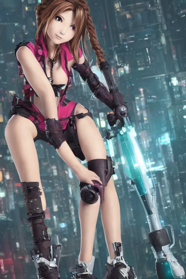 Image similar to Aerith from Final Fantasy wearing cyberpunk plugsuit