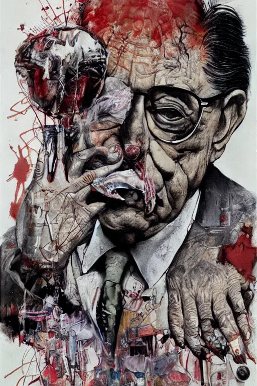 Image similar to George Soros full body shot, dollar bills Body horror, biopunk, by Ralph Steadman, Francis Bacon, Hunter S Thompson