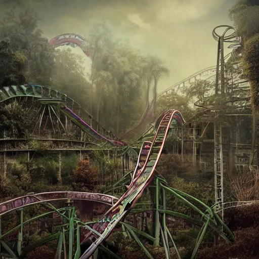 Prompt: abandoned theme park with large rollercoaster that has vines hanging from it, also a carusell with creepy look, matte painting, sharp focus, fog, hazy, desaturated, highly detailed, artgerm