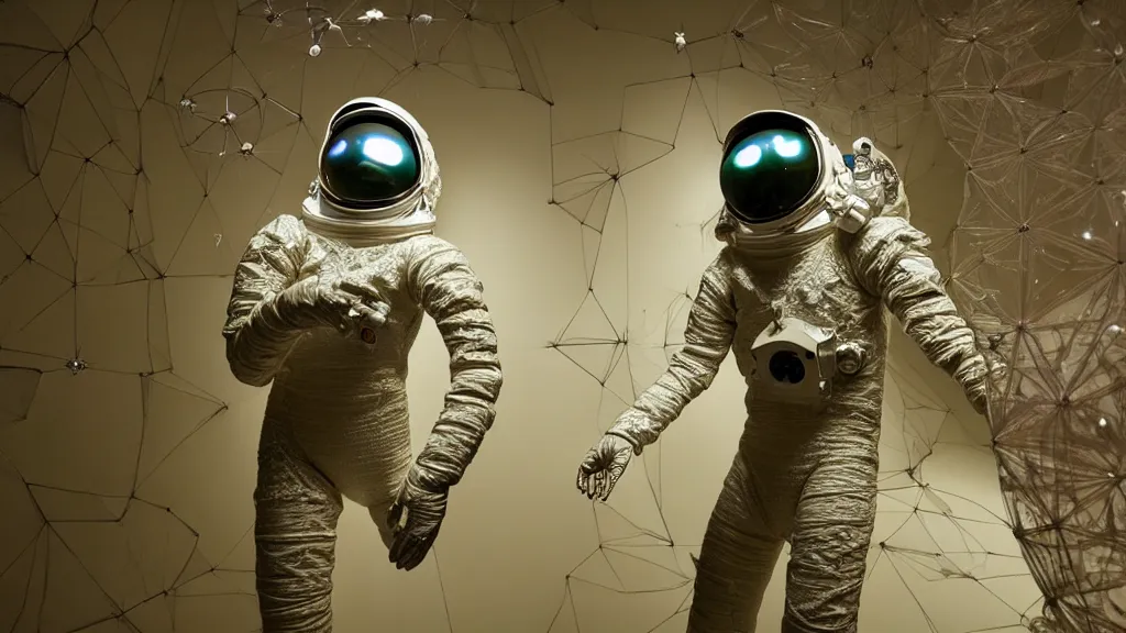 Image similar to a astronaut eva suit covered in diamond 3d fractal lace iridescent bubble 3d skin and covered with insectoid compound eye camera lenses floats through the living room, film still from the movie directed by Denis Villeneuve with art direction by Salvador Dalí, wide lens,