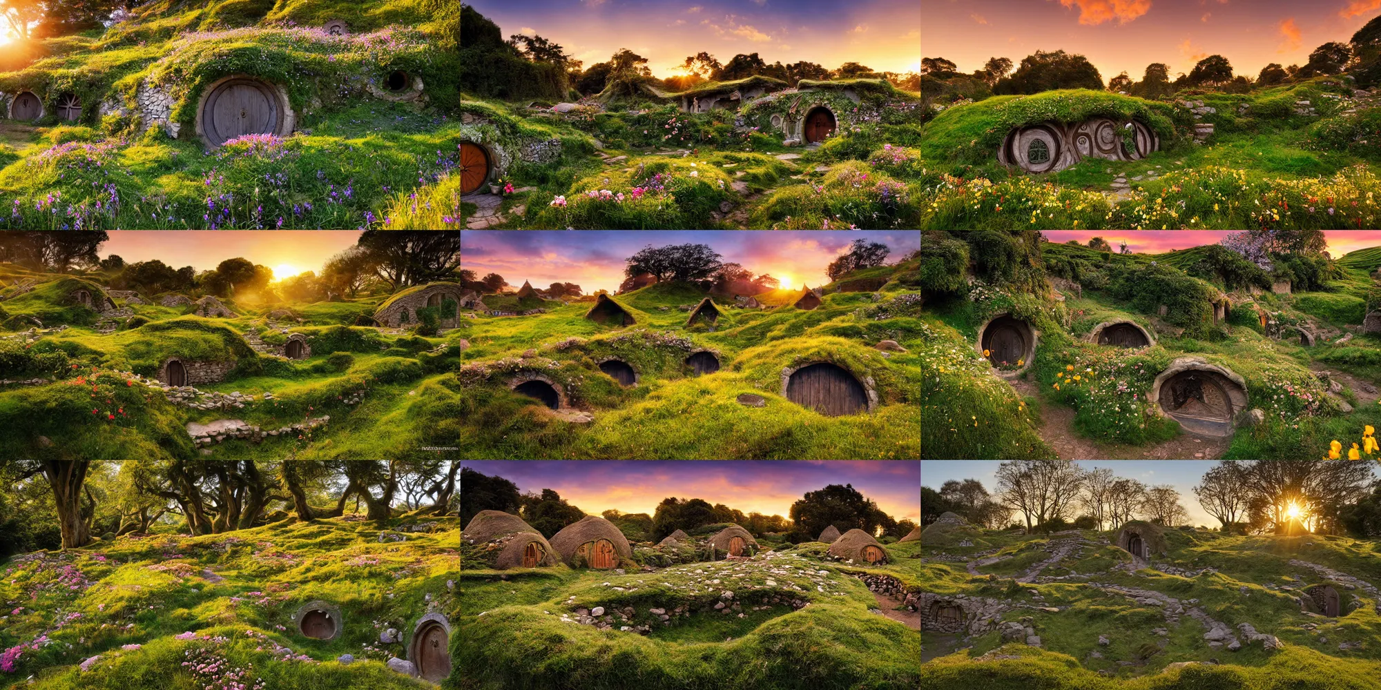 Prompt: archeological discovery of ancient hobbit dwellings, the shire, well preserved, springtime flowers in bloom, sunset, long shadows, digital photography, 3 2 megabit, national geographic.