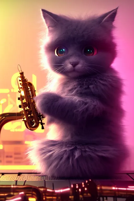 Image similar to high quality 3 d render very cute fluffy cyborg!! cat plays saxophone, cyberpunk highly detailed, unreal engine cinematic smooth, in the style of blade runner & detective pikachu, hannah yata charlie immer, moody light, low angle, uhd 8 k, sharp focus