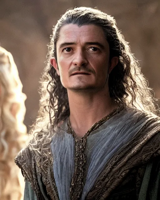 Prompt: Orlando Bloom in the role of galadriel, film still, high detail