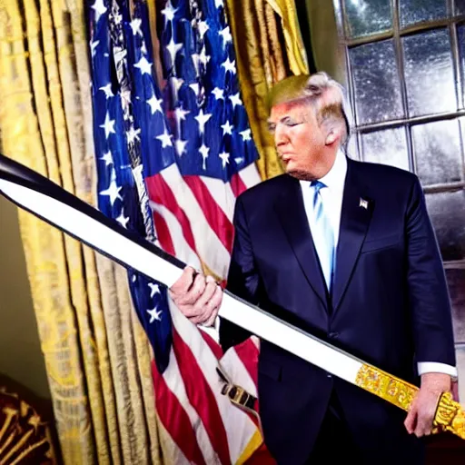 Image similar to Donald Trump holding a fancy broadsword, photorealistic