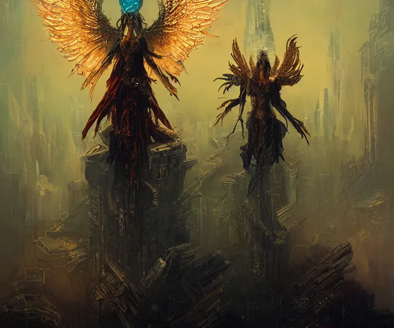 Image similar to a beautiful tarot card artwork of a cyberpunk fallen seraphim, horror, backlit, gloomy sky, highly detailed, digital painting, intricate golden threads, by greg rutkowski and peter mohrbacher and dan mumford and artgerm, vivid colors, detailed shading, 8 k resolution, intricate, smooth
