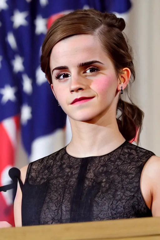 Image similar to emma watson as president, hyper realistic