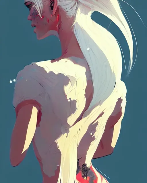 Image similar to a ultradetailed beautiful back painting of a stylish woman with white hair in a pony tail, she is wearing jeans, by conrad roset, greg rutkowski and makoto shinkai trending on artstation