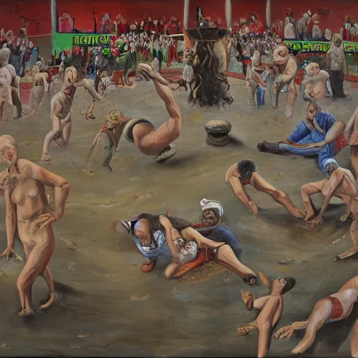 Image similar to 3 drunks fall over mud - wrestling,, where's wally, oil painted ( ( ( ( ( ( by salvador dali ) ) ) ) ) )