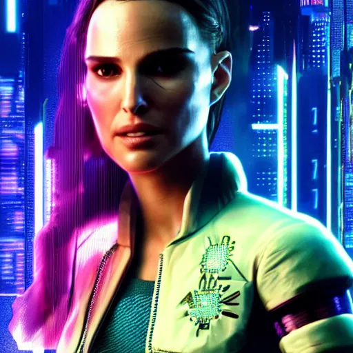 Prompt: Natalie Portman in Cyberpunk 2077, detailed 4k concept art