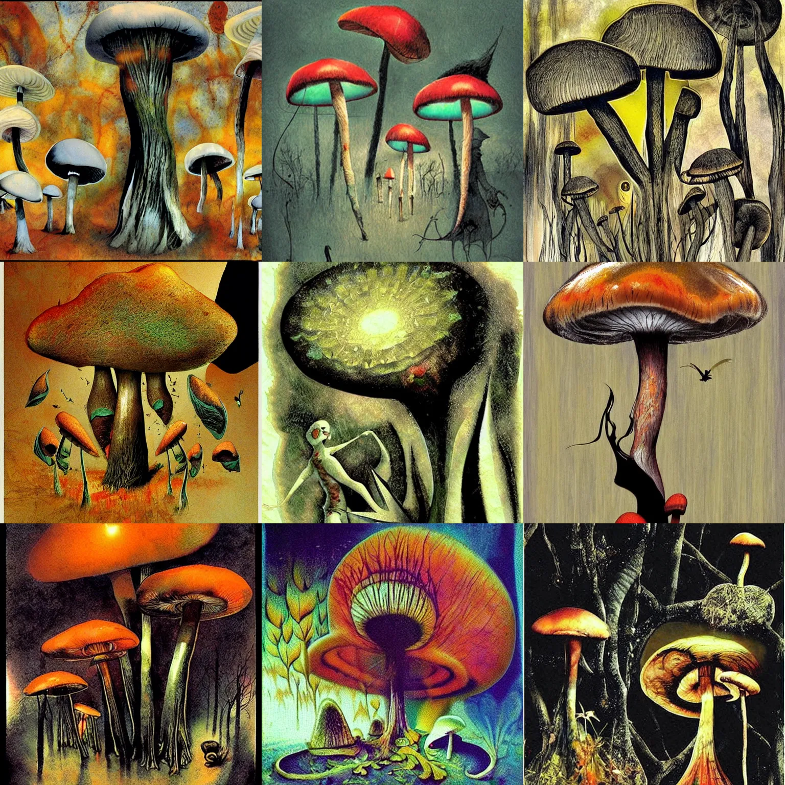 Prompt: psychedelic mushrooms psilocybin dream, by dave mckean