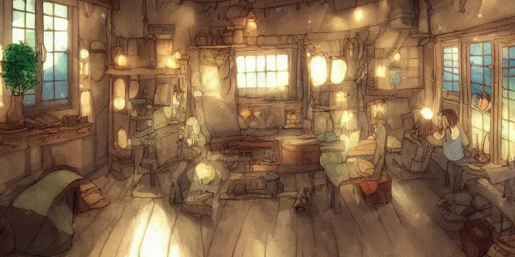 Image similar to studio Ghibli, the interior of a small cottage, warm lighting, anime