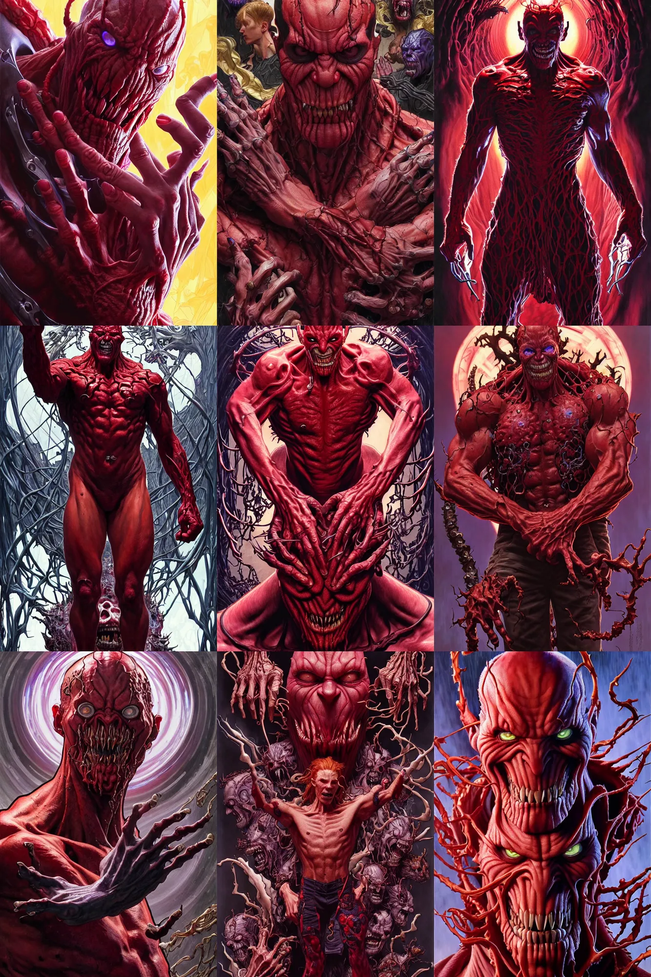 Prompt: the platonic ideal portrait of cletus kasady carnage thanos wild hunt, detailed, intricate, hyperrealism, intense, scary art by brock hofer and artgerm and greg rutkowski and alphonse mucha