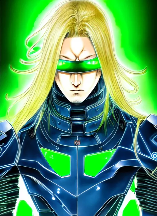 Prompt: a detailed manga full body portrait illustration of a man with long blonde hair and blue eyes wearing a green cyberpunk sci - fi battle suit by hirohiko araki, detailed artwork, realism, 4 k resolution, detailed, high quality, sharp focus, hq artwork, insane detail, volumetric lighting, character concept art, fine details, clear subject, central subject