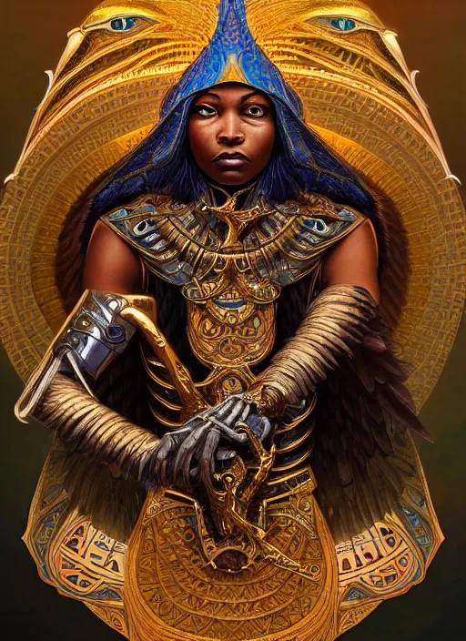 Prompt: : horus fantasy, fantasy magic, , intricate, sharp focus, illustration, highly detailed, digital painting, concept art, matte, jahbu art and Paul lewin and kehinde wiley, masterpiece