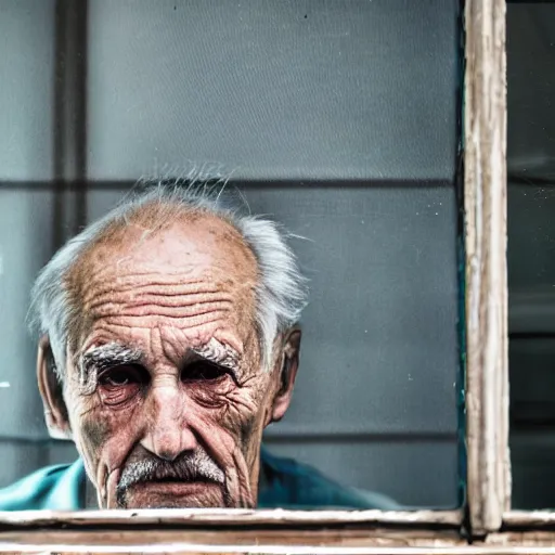 Image similar to a faceless old man seen through a window