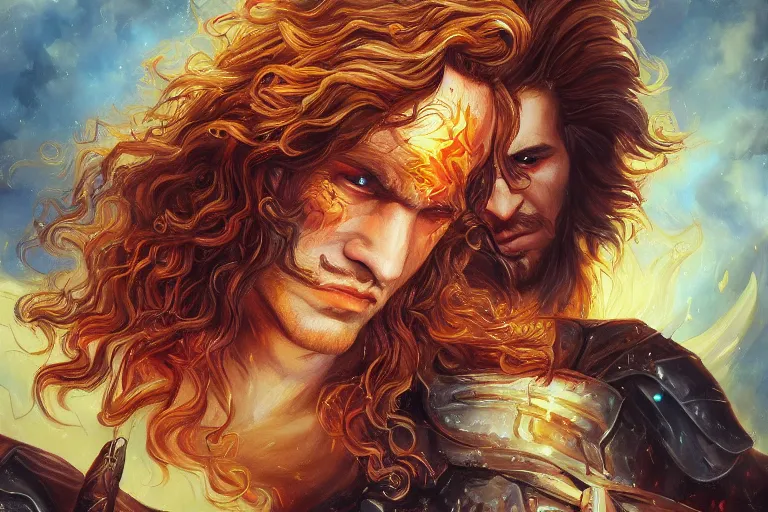 Image similar to a beautiful prince Lucius warrior with long curly blond hair brutally destroys his enemies on the battlefield, wrath flame and ruin, oil painting, trending on artstation