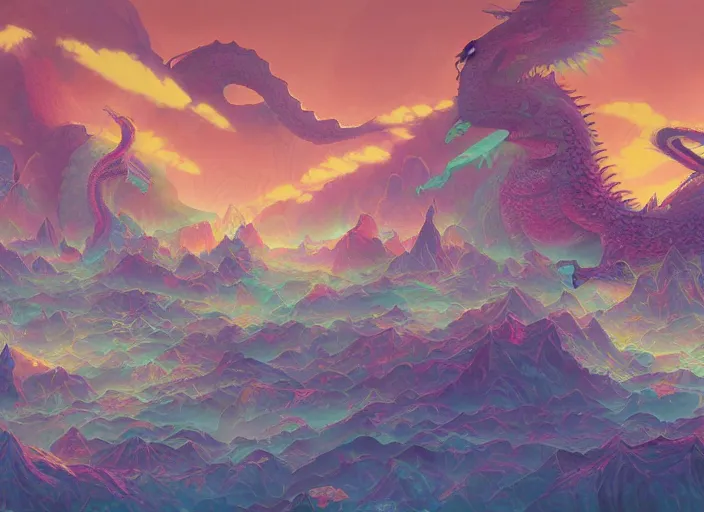 Image similar to psychedelic concept art of a dragon landscape made of thousands of dragons, cel shaded, in the style of makoto shinkai and moebius and peter mohrbacher and anton fadeev