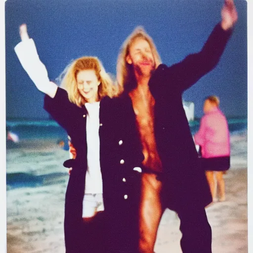 Image similar to 9 0 s polaroid photograph of a man and woman both wearing trenchcoats at night, dancing together on a beach during cloudy weather, vignette