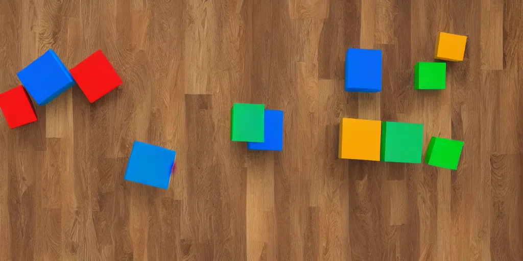 Prompt: full spectrum 3D blocks and shapes on wood floor 4K