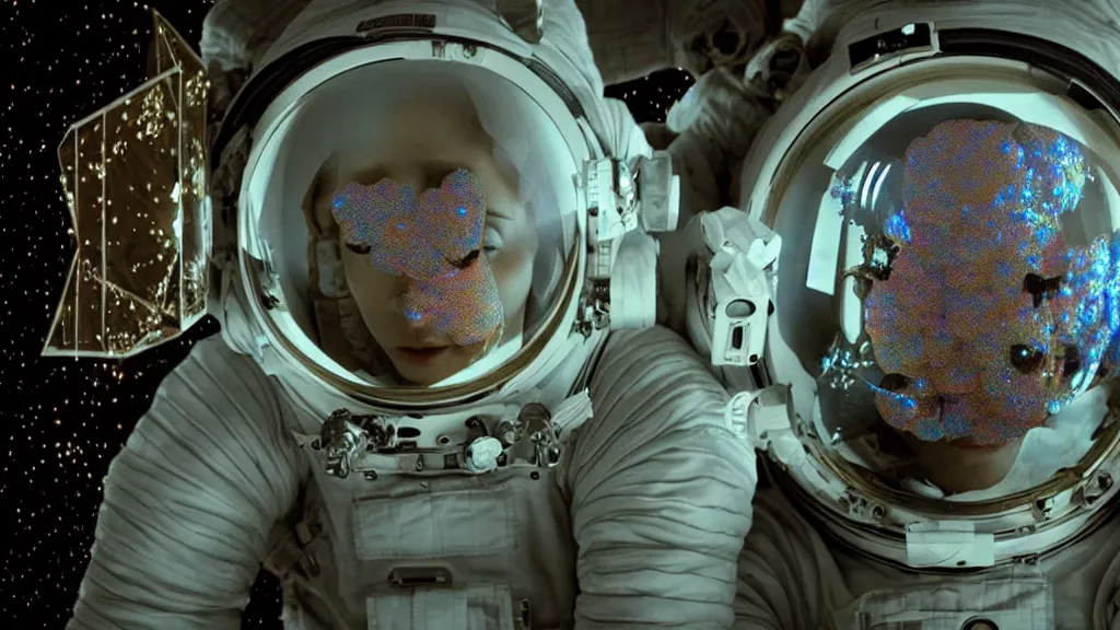 Image similar to a single astronaut eva suit made of diamond 3d fractal lace iridescent bubble 3d skin and covered with insectoid compound eye camera lenses floats through the living room, film still from the movie directed by Denis Villeneuve with art direction by Salvador Dalí, wide lens,