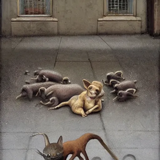 Image similar to by emma geary, by michael sowa. a beautiful street art of a group of creatures that looks like a mix of different animals. most of the creatures have human - like features, such as arms & legs, & some are standing upright while others are crawling or flying.