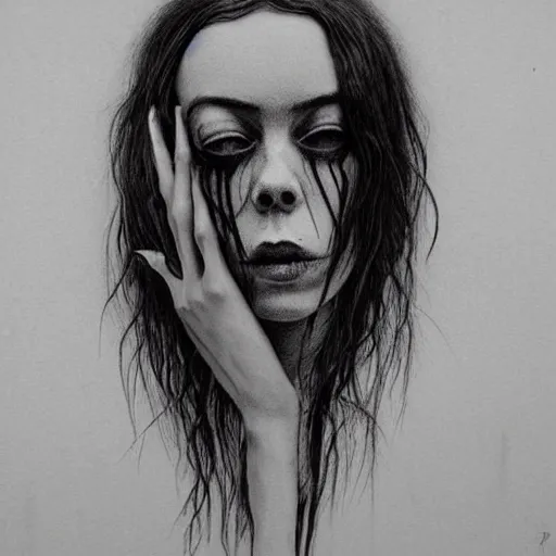 Image similar to grunge drawing of billie eilish by - Zdzisław Beksiński , corpse bride style, horror themed, detailed, elegant, intricate