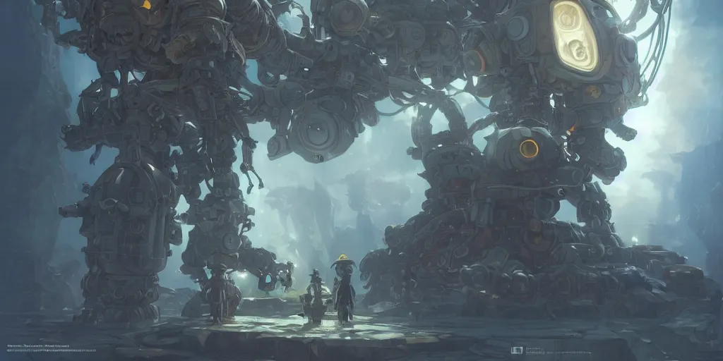 Image similar to humanoid robot mech from made in abyss by akihito tsukushi, backlight, centered rim lighting, deep focus, d & d, fantasy, intricate, elegant, highly detailed, digital painting, artstation, concept art, matte, sharp focus, illustration, hearthstone, art by artgerm and greg rutkowski and alphonse mucha