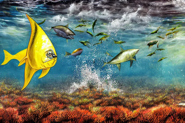 Image similar to An underwater painting of a yellow-fin tuna chasing bait fish near a mat of weeds, inspired by Guy Harvey, Sport Fishermen, digital art, insanely detailed, hyper detailed photorealistic, ambient lighting, award winning, stunning