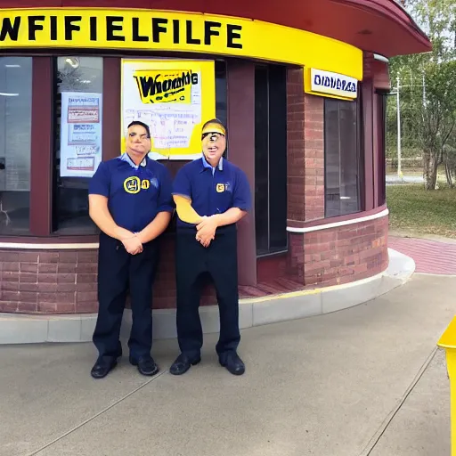 Image similar to wafflehouse employee's standing below wafflehouse sign, employees uniform is blue and black with yellow name tags