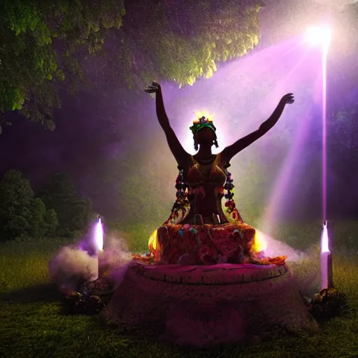 Image similar to earth goddess performing a ritual. photorealistic, cinematic, filmic, volumetric lighting