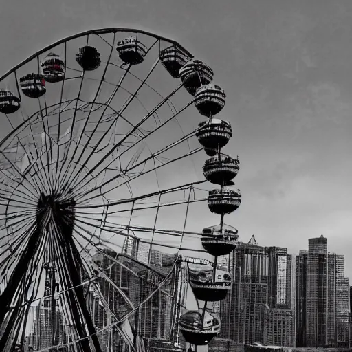 Image similar to A ruined city floating, in the sky, metropolises, modern, overgrown, a giant Ferris wheel