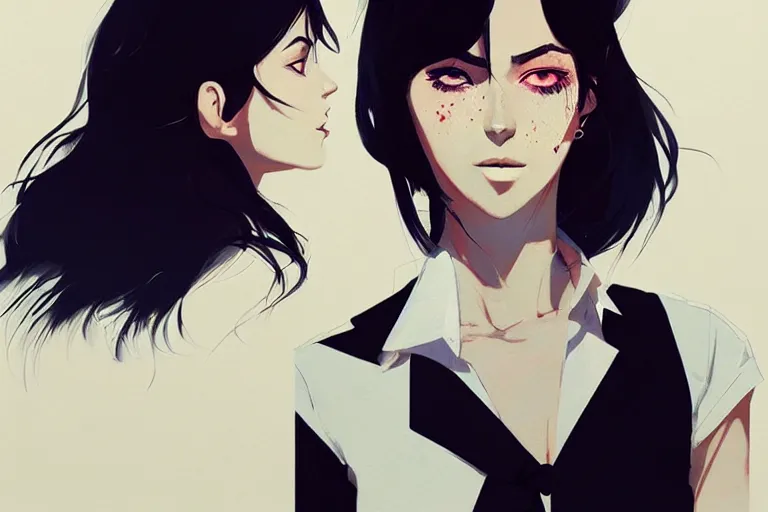 Image similar to a ultradetailed beautiful panting of a stylish woman wearing a shirt with a tie, she has black hair, by conrad roset, greg rutkowski and makoto shinkai, trending on artstation