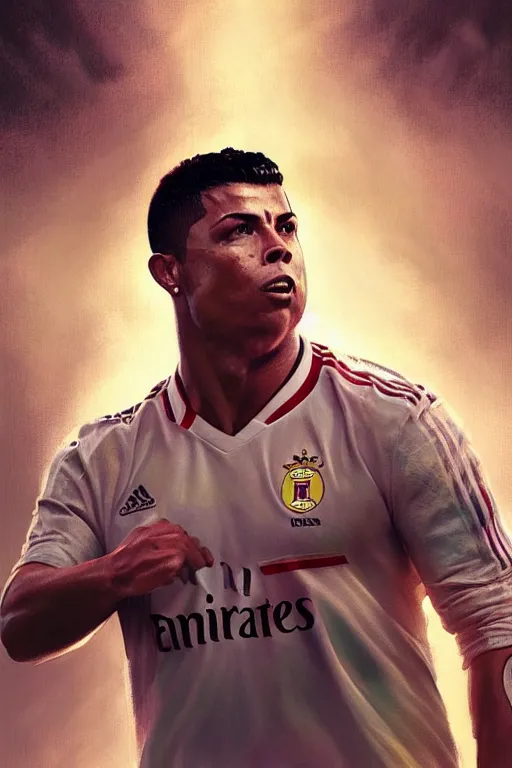 Image similar to ronaldo luis nazario da lima, football player, against the background of dawn, highly detailed, digital painting, artstation, concept art, smooth, sharp focus, illustration, art by artgerm and greg rutkowski and alphonse mucha