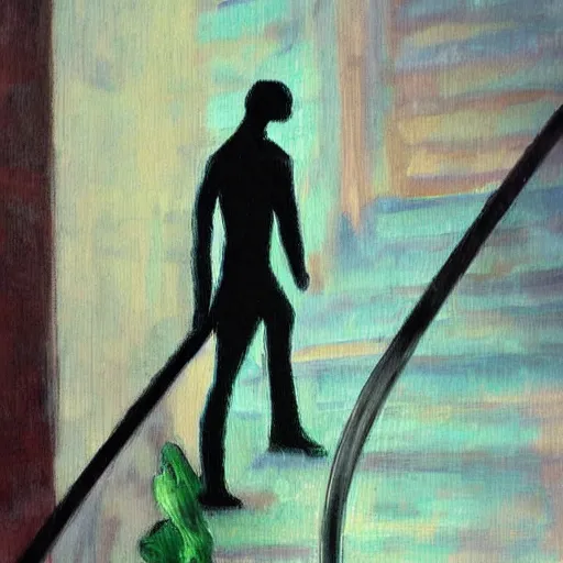 Image similar to very abstract painting of a statue of a figure walking down the stairs, impressionist painting, realistic