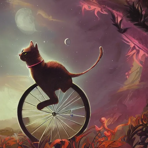 Prompt: fantasy book cover artwork of a cat riding a bicycle, ultradetailed, wallpaper, 4k, prismatic