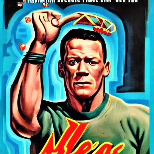 Image similar to john cena in 1 9 5 0 s pulp sci - fi movie poster, retrofuturism, highly detailed