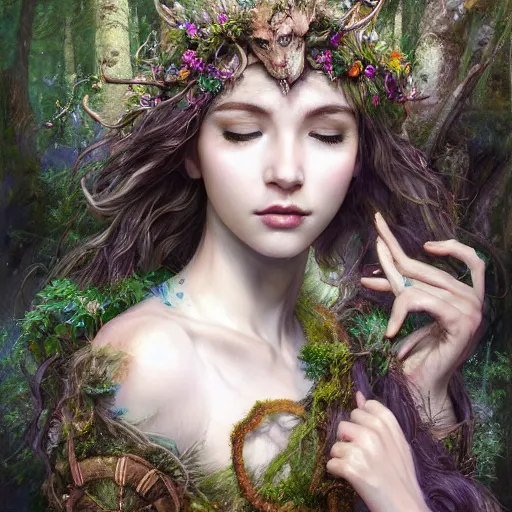 Image similar to A masterpiece portrait of a Incredibly beautiful queer druid girl . The Queen of the Forest.medium shot, intricate, elegant, highly detailed. trending on artstation, digital art, by Stanley Artgerm Lau, WLOP, Rossdraws, James Jean, Andrei Riabovitchev, Marc Simonetti, Yoshitaka Amano